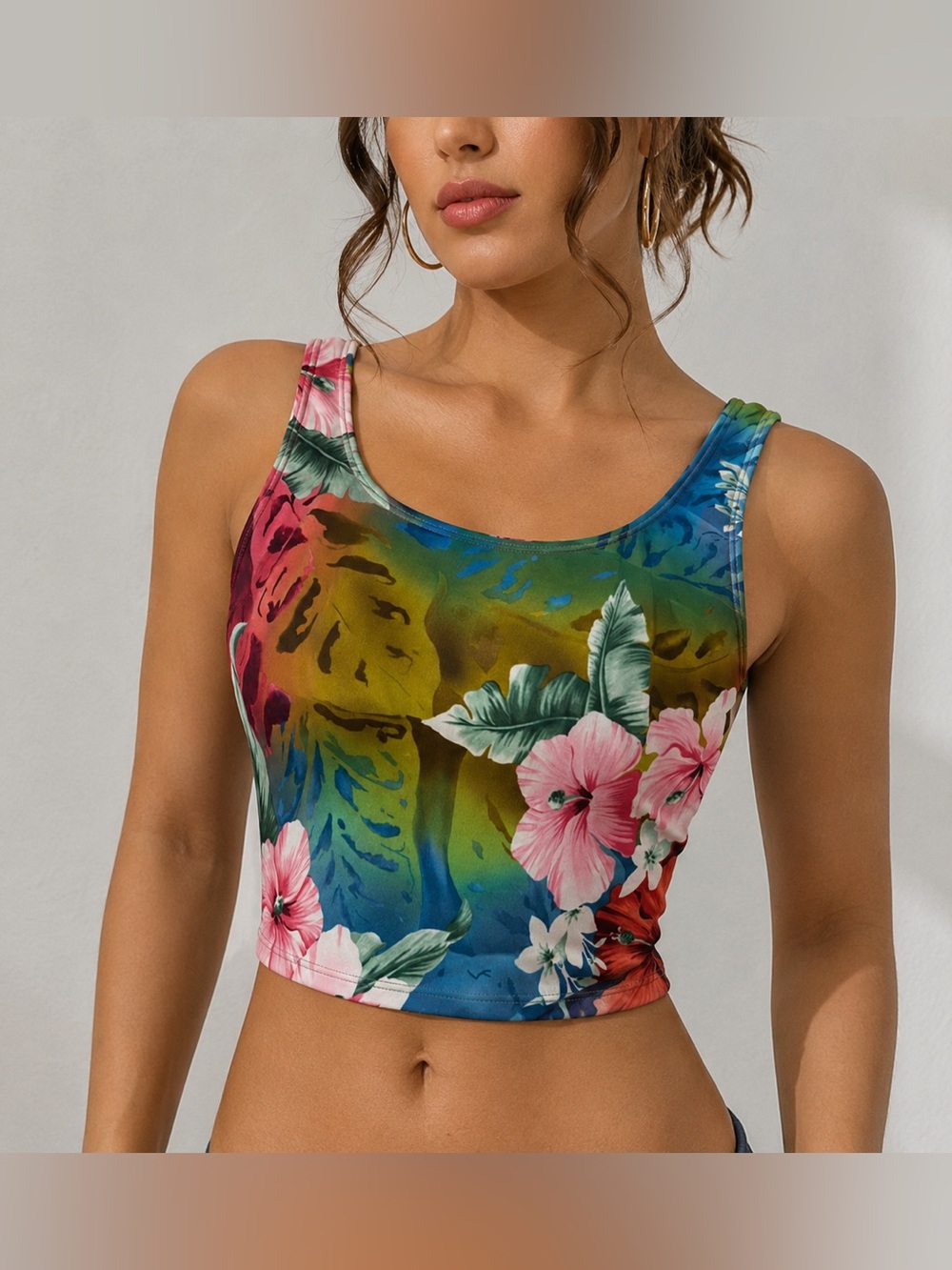 NEW Women’s Size 10 Tropical Floral Stretch Crop Tank Top Sleeveless Multicolor